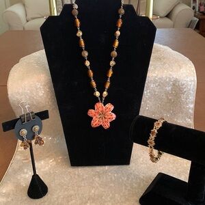 NWT Chicos set of gold, orange and amber necklace, earrings, & bracelet LC361